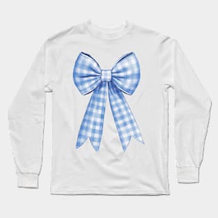 Watercolor Blue Checkered Ribbon Bow Long Sleeve T-Shirt